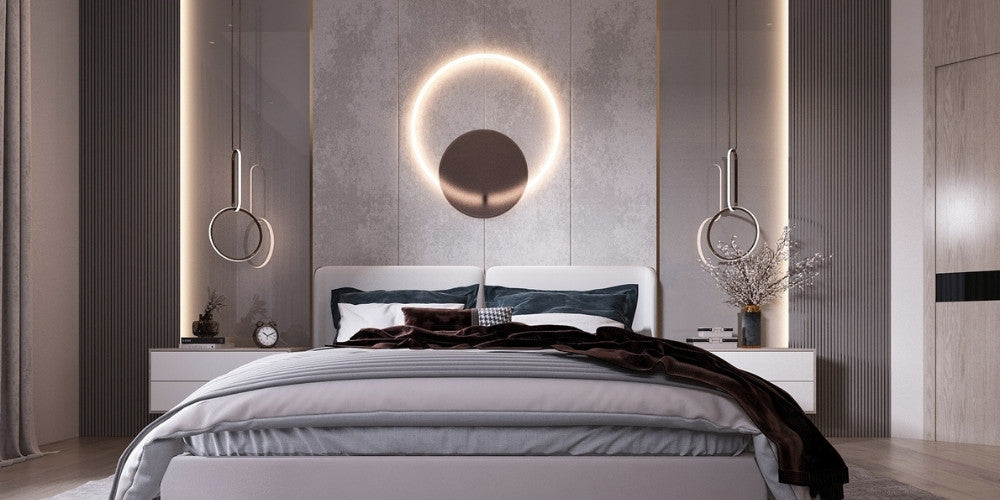 chambre beige et grise lumineuse