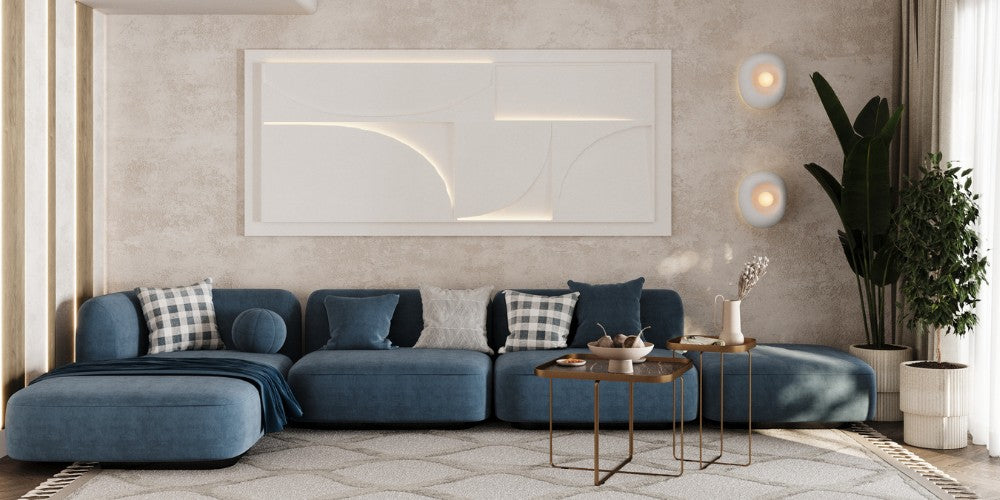 salon minimaliste beige et bleu