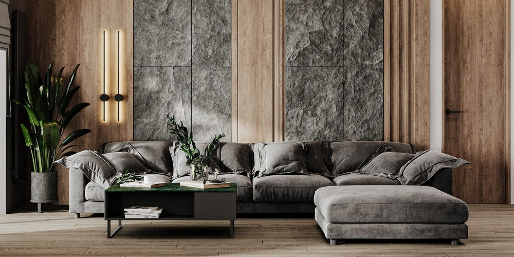 salon moderne marron et luminaire long